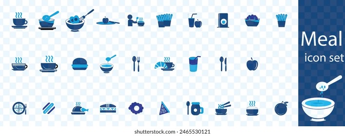 Meal icon set. Containing food, lunch, eat, dinner, pasta, rice, pizza, salad, soup, breakfast and more. Vector solid icons collection