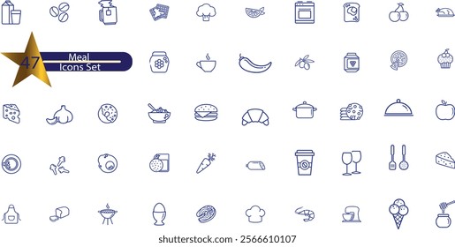 Meal icon set. Containing food, lunch, eat, dinner, pasta, rice, pizza, salad, soup, 