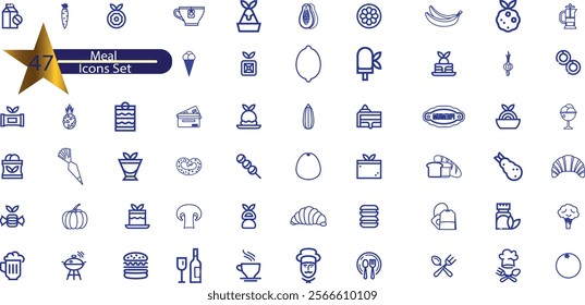 Meal icon set. Containing food, lunch, eat, dinner, pasta, rice, pizza, salad, soup, 