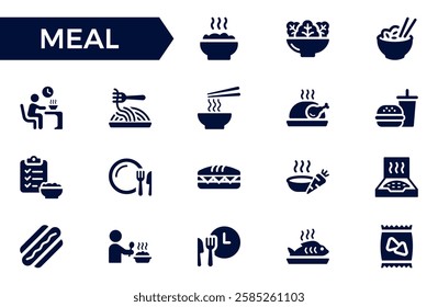 Meal icon set. Containing food, lunch, eat, dinner, pasta, rice, pizza, salad, soup, breakfast and more. Vector solid icons collection.