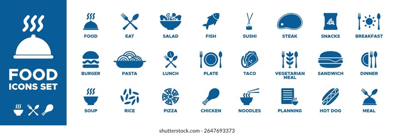 Meal icon set. food, burger, soup, rice, pasta, eat, salad, lunch, pizza, chicken, plate, fish, sushi, steak, vegetarian meal, planning, noodles, taco, hot dog icons. Vector solid icons collection.