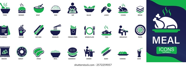 Meal icon set food, lunch, eat, dinner, pasta, rice, pizza, salad, soup, breakfast You can easily change the color