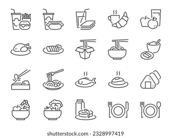 Juego de iconos de la comida. Incluía comida, restaurante, desayuno, almuerzo, cena y más íconos. Estroque de vectores editable.