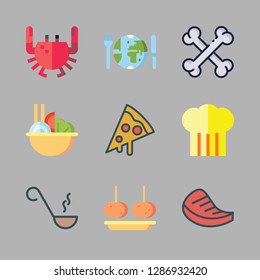 meal icon set. vector set about bones, crab, salad and pizza icons set.