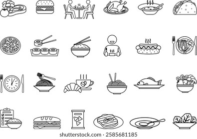 Meal Icon Set. Vector Art Burger, Soup, Rice, Pasta, Salad, Lunch, Pizza, Chicken, Fish, Sushi, Steak, Noodles, Eat, Taco, Hot Dog, Sandwich, and More