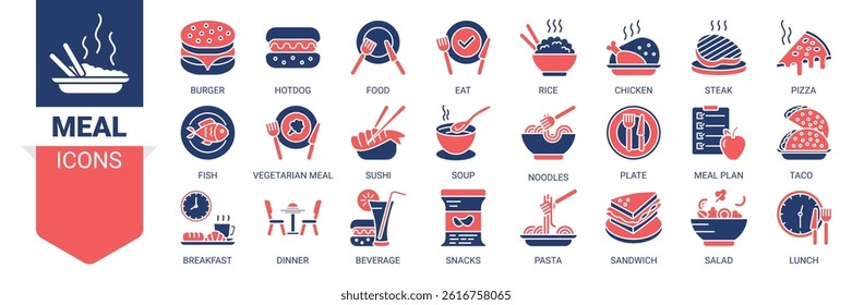 Meal icon set. Vector illustration concept with icon of food, lunch, eat, dinner, pasta, rice, pizza, salad, soup, breakfast and more icons. Solid color symbol background.