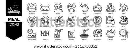 Meal icon set. Vector illustration concept with icon of food, lunch, eat, dinner, pasta, rice, pizza, salad, soup, breakfast and more icons. Outline symbol background.