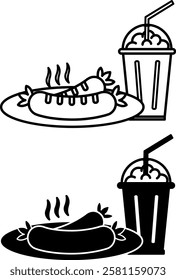 Meal Icons. Black and White Vector Icons. Dish, Food. Hot Sausages on a Plate and Milkshake with Straw. Restaurant Concept