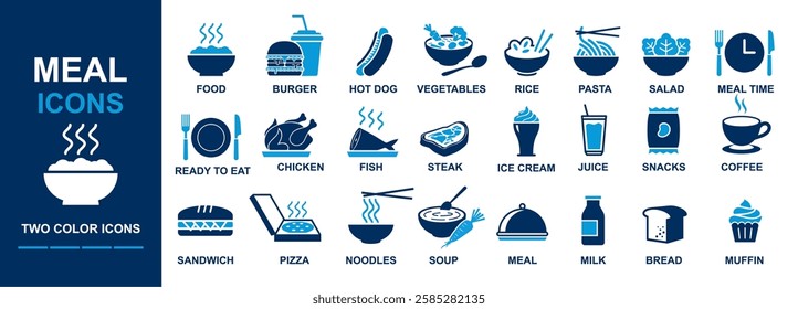 Meal icons collection including vegetables, steak, fish, chicken, burger, pizza, juice, soup, sandwich, bread, ice cream, snacks etc icons.	