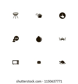 meal icons. dining table restaurant, boiled pan, microwave and garnet vector icons set