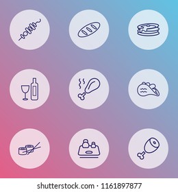 Meal icons line style set with kitchen scales, wine, shish kebab and other skewer elements. Isolated vector illustration meal icons.