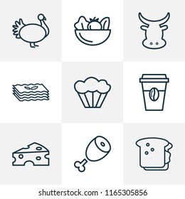 Meal icons line style set with beef, cheddar, lasagna and other burger elements. Isolated vector illustration meal icons.