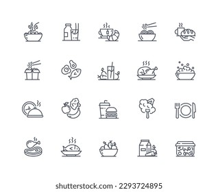 Meal icons outline set. Apple, broccoli and banana. Hot fish, chicken and meat steak. Fast food, hamburger and cola or soda. Noodles and rice. Coffee with croissant. Linear flat vector illustrations