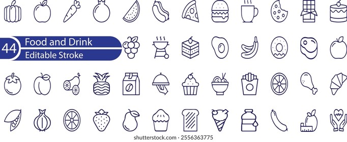 Meal icons outline set. Apple, broccoli and banana. Hot fish, chicken and meat steak. Fast food, hamburger and cola or soda. Noodles and rice. Coffee with croissant.