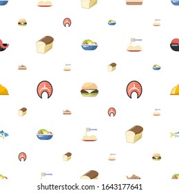 meal icons pattern seamless. Included editable flat Salad, burger, baked fish, bread, salmon, Pasta, main dish, tuna, seafood soup icons. meal icons for web and mobile.