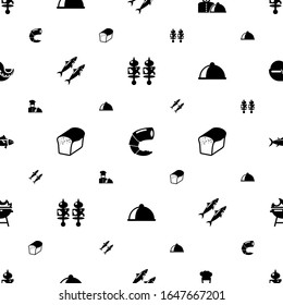 meal icons pattern seamless. Included editable filled starters, shrimp, chefs dish, sardine, bread, main dish, tuna, BBQ Grill, seafood soup icons. meal icons for web and mobile.