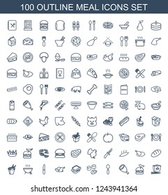 meal icons. Set of 100 outline meal icons included chinese fast food, burger with sausage, beef, spoon, sushi on white background. Editable meal icons for web, mobile and infographics.