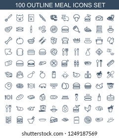 meal icons. Set of 100 outline meal icons included meat, no fast food, menu, soda and burger, cheese on white background. Editable meal icons for web, mobile and infographics.