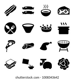 Meal icons. set of 16 editable filled meal icons such as sausage, cabbage, cheese, pan, wrap sandwich, pizza, chicken leg, sandwich, meat leg, soup, cereal, bacon, bowl