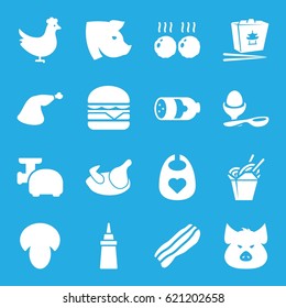 Meal icons set. set of 16 meal filled icons such as chicken, mushroom, sausage, pig, baby bid, ketchup, chinese fast food, cheeseburger, boiled egg, meat leg, bacon, meat