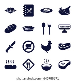Meal icons set. set of 16 meal filled icons such as chicken, bread, soda and burger, pie, fried egg and bacon, soup, beef, restaurant, menu, reserved, meat, knife