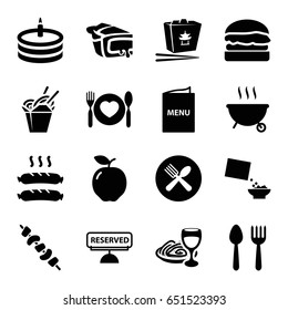 Meal icons set. set of 16 meal filled icons such as apple, spoon and fork, chinese fast food, pie, pasta and wine glass, kebab, cereal, plate with spoon and fork, cake