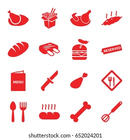 Meal icons set. set of 16 meal filled icons such as chicken, bread, spoon and fork, noodles fast food, burger with sausage, meat leg, restaurant, menu, reserved, meat, corolla