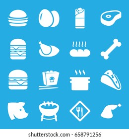 Meal icons set. set of 16 meal filled icons such as egg, pig, taco, burger, chinese fast food, cheeseburger, double burger, burrito, meat leg, beef, chicken, restaurant, bread