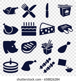 Meal icons set. set of 16 meal filled icons such as pig, chinese fast food, noodles fast food, chicken, meat leg, fork and knife, knife, cereal, cake, beef, kebab, meat