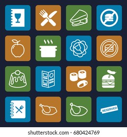 Meal icons set. set of 16 meal filled and outline icons such as burger with sausage, fork and knife, menu, reserved, sushi, apple, cabbage, sandwich, pie, chicken, pan