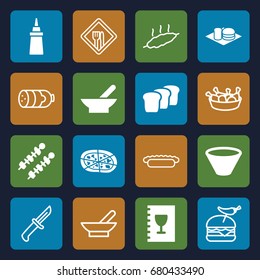 Meal icons set. set of 16 meal filled and outline icons such as bowl, ketchup, pizza, soda and burger, menu, bread, kebab, sausage, chicken leg, burger with pepper, pie
