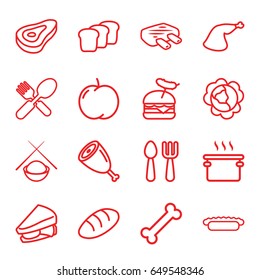 Meal icons set. set of 16 meal outline icons such as beef, apple, cabbage, bread, fork and spoon, sandwich, burger with sausage, meat leg, pie, meat, asian food, pan