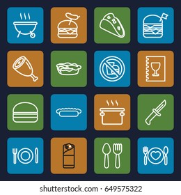 Meal icons set. set of 16 meal outline icons such as spoon and fork, taco, double burger with flag, burger with sausage, burger, burrito, pie, plate with spoon and fork