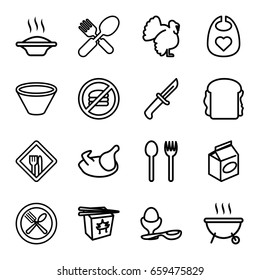 Meal icons set. set of 16 meal outline icons such as turkey, chicken, baby bid, chinese fast food, sandwich, boiled egg, fork and spoon, take away food, spoon and fork