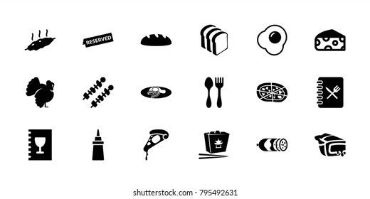 Meal icons. set of 18 editable filled meal icons: cheese, turkey, pizza, ketchup, chinese fast food, bread slices, pie, fried egg and bacon, menu, reserved, meat, kebab, egg