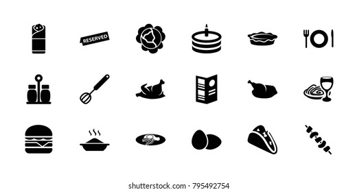 Meal icons. set of 18 editable filled meal icons: cabbage, taco, cheeseburger, burrito, pie, pasta and wine glass, kebab, fried egg and bacon, cake, plate fork and spoon, menu