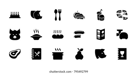 Meal icons. set of 18 editable filled meal icons: beef, pig, soup, cake, pan, pizza, sandwich and apple, burger and drink, menu, bread, meat grinder, sausage