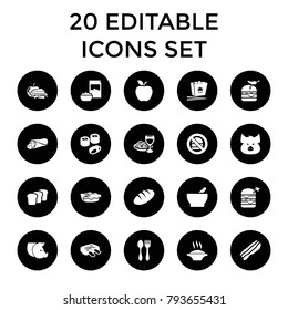 Meal icons. set of 20 editable filled meal icons such as bread, pig, soup, wrap sandwich, chinese fast food. best quality meal elements in trendy style.