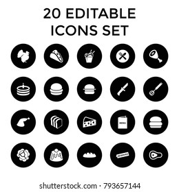 Meal icons. set of 20 editable filled meal icons such as cabbage, turkey, burger, taco, chinese fast food, bread slices, pie. best quality meal elements in trendy style.