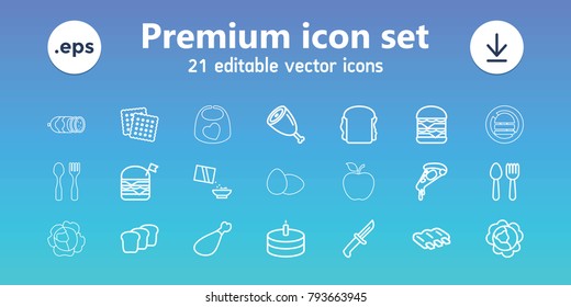 Meal icons. set of 21 editable outline meal icons includes sausage, cabbage, spoon and fork, cookies, pizza, double burger with flag, double burger, sandwich, meat leg, cereal