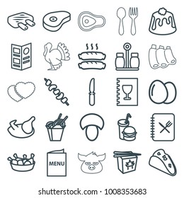 Meal icons. set of 25 editable outline meal icons such as egg, chicken, mushroom, taco, chinese fast food, chicken leg, pie, kebab, burger and drink, knife, beef, sausage