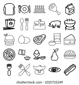 Meal icons. set of 25 editable outline meal icons such as beef, plate fork and spoon, pig, barbecue, chinese fast food, sandwich, boiled egg, fried egg and bacon, fork