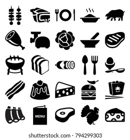 Meal icons. set of 25 editable filled meal icons such as bowl, cabbage, cheese, spoon and fork, turkey, barbecue, chinese fast food, bread slices, burger with pepper, pie