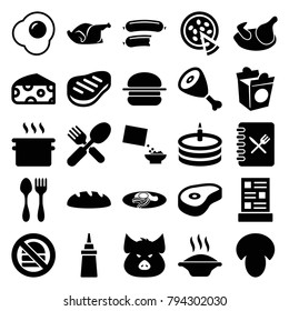 Meal icons. set of 25 editable filled meal icons such as chicken, mushroom, cheese, pig, soup, pan, ketchup, take away food, fried egg and bacon, fork and spoon, beef, cereal