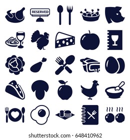 Meal icons set. set of 25 meal filled icons such as chicken, egg, mushroom, apple, cabbage, pig, turkey, porridge, taco, chicken leg, soda and burger, pie