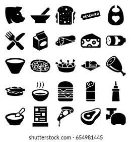 Meal icons set. set of 25 meal filled icons such as bowl, beef, sausage, cheese, pig, porridge, baby bid, wrap sandwich, pizza, ketchup, chicken leg, double burger, sandwich