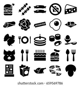 Meal icons set. set of 25 meal filled icons such as sausage, mushroom, cabbage, pig, turkey, spoon and fork, wrap sandwich, pizza, double burger with flag, burger with sausage