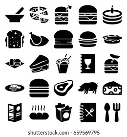 Meal icons set. set of 25 meal filled icons such as bowl, beef, cheese, pig, fork and spoon, burger, chinese fast food, pizza, sandwich, double burger with flag