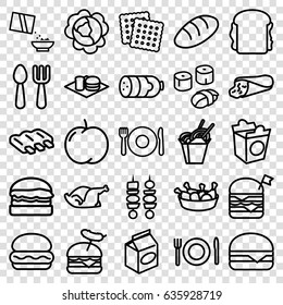 Meal icons set. set of 25 meal outline icons such as plate fork and spoon, sausage, apple, cabbage, bread, fork and spoon, cookies, wrap sandwich, chinese fast food