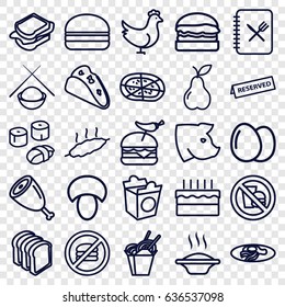Meal icons set. set of 25 meal outline icons such as pig, chicken, egg, mushroom, taco, chinese fast food, sandwich, bread slices, pizza, burger with pepper, burger